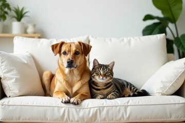 A heartwarming scene of canine and feline companionship, comfortably nestled together on a plush, off-white sofa in a serene, domestic interior