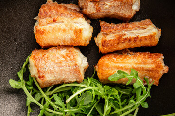 Fried fish rock eel fish rock salmon shark seafood small-spotted catshark portion size natural product tasty snack fresh gourmet food background on the table rustic view copy space pescetarian diet