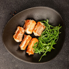Fried fish rock eel fish rock salmon shark seafood small-spotted catshark portion size natural product tasty snack fresh gourmet food background on the table rustic view copy space pescetarian diet