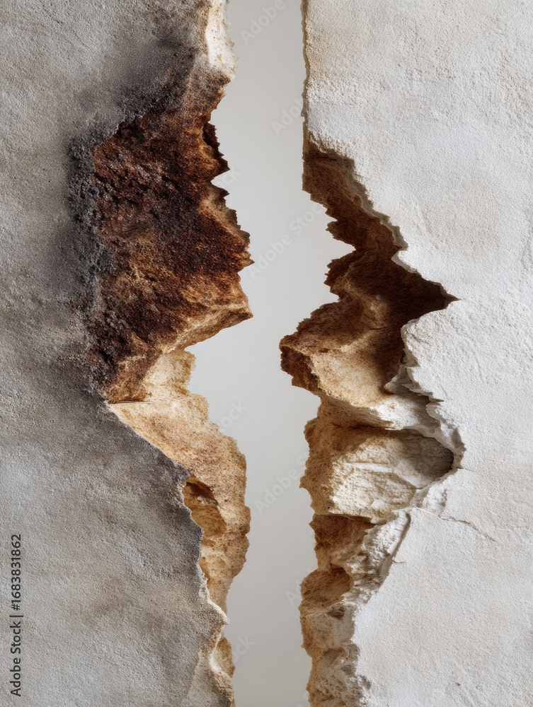 Poster a wall displays a deep crack exposing various textures and colors, highlighting the contrast between