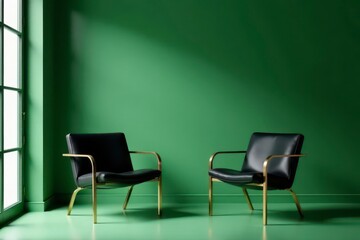 Obraz premium Elegant Black Leather Armchairs with Gold Accents Against a Vibrant Green Wall