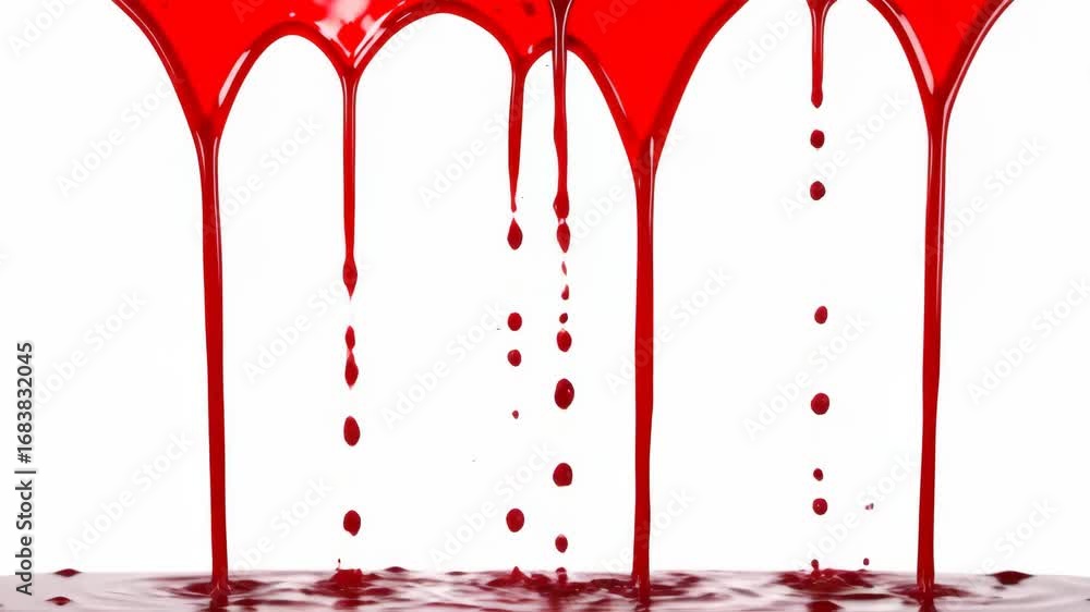 Poster red liquid dripping on white - close-up of viscous red liquid dripping onto a white surface, creatin