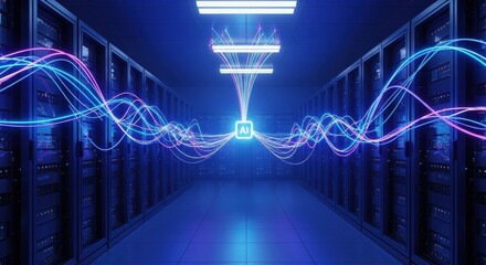 AI symbol connected to server room with glowing wavy data lines. Big data processing in datacenter. Machine learning, innovation, network.