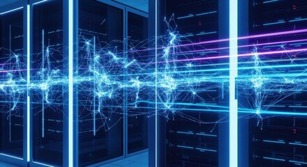 Digital data flow with light streaks in a server room. Concept of big data processing and network communication.