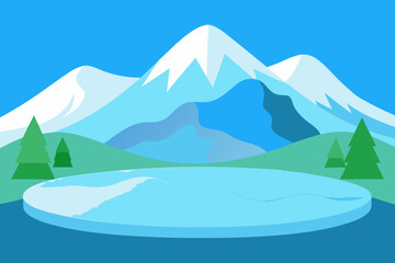 A beautiful cartoon landscape of a frozen mountain lake vector illustration