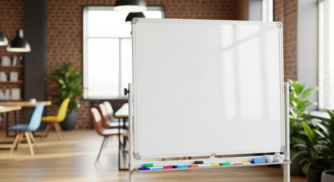 Empty whiteboard with colorful markers in a modern office, ready for presentations, brainstorming, or drawing. Copyspace for text.