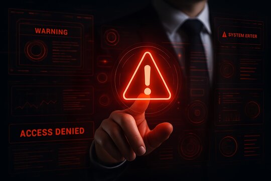 Businessman pointing at digital red warning system error icon with access denied security alert cyber risk technology hacking protection fraud intrusion computer attack breach vulnerability - Powered by Adobe