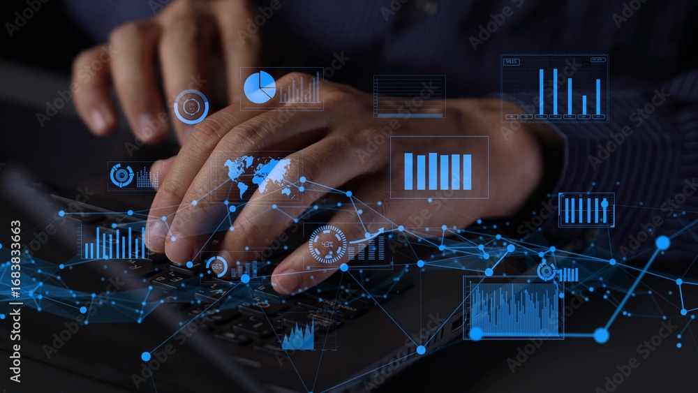 Poster a close-up view of hands typing on a laptop keyboard set against a backdrop of digital data elements