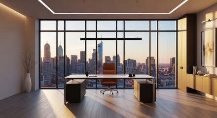 Modern chief executive officer office with panoramic cityscape view at sunset. Empty workspace for business executive.