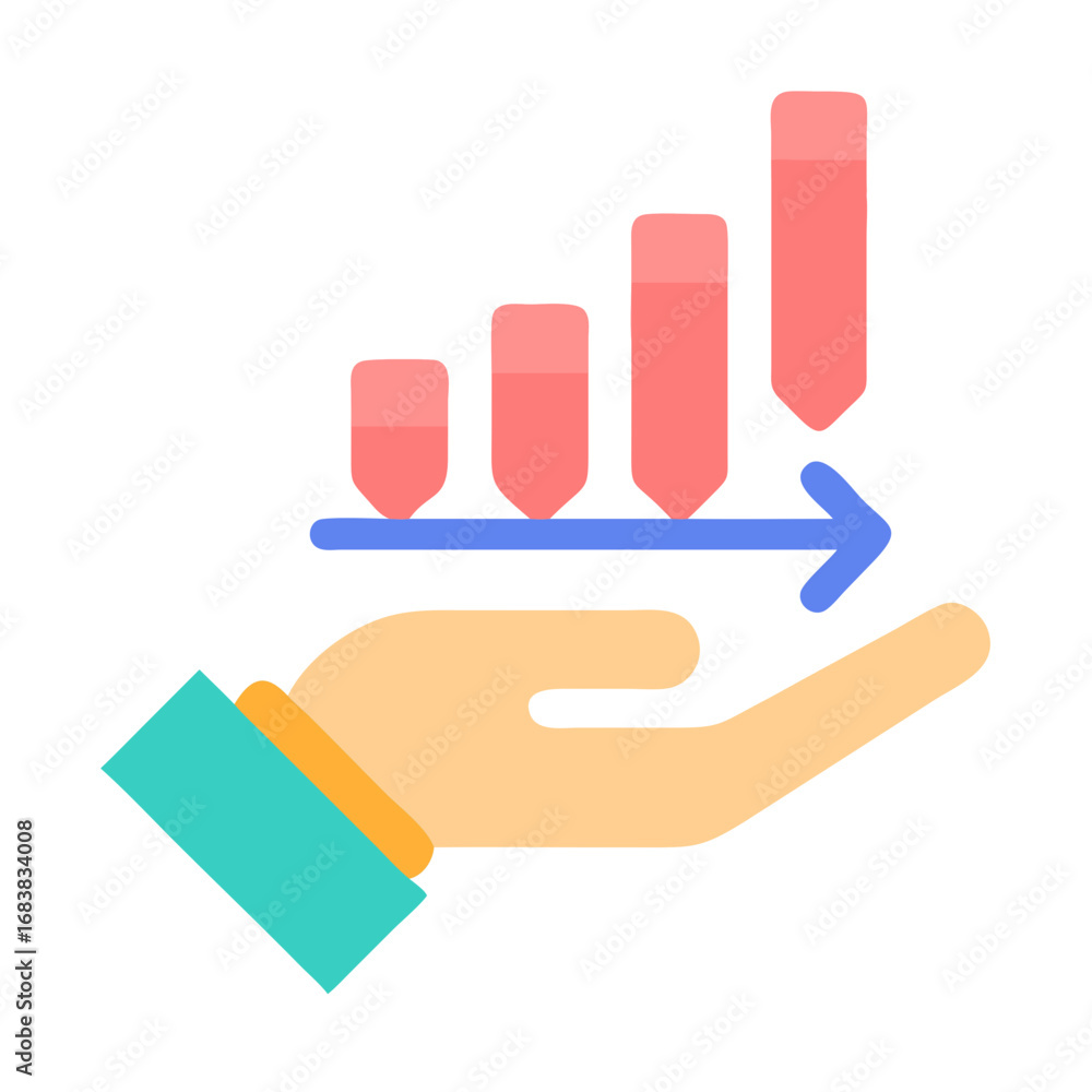 Poster hand holding growing graph chart and arrow pointing right
