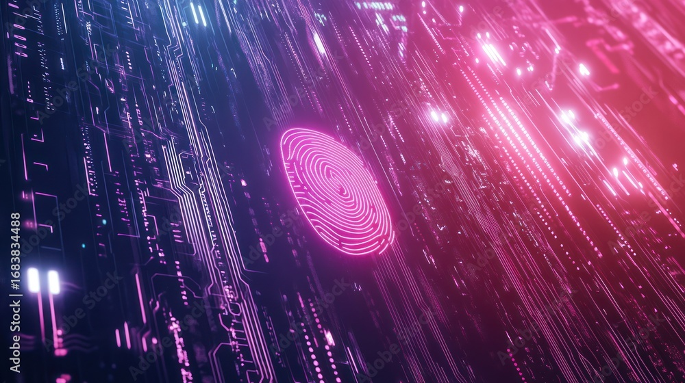 Aufkleber futuristic depiction of a fingerprint in a network of circuits, illuminated in neon colors