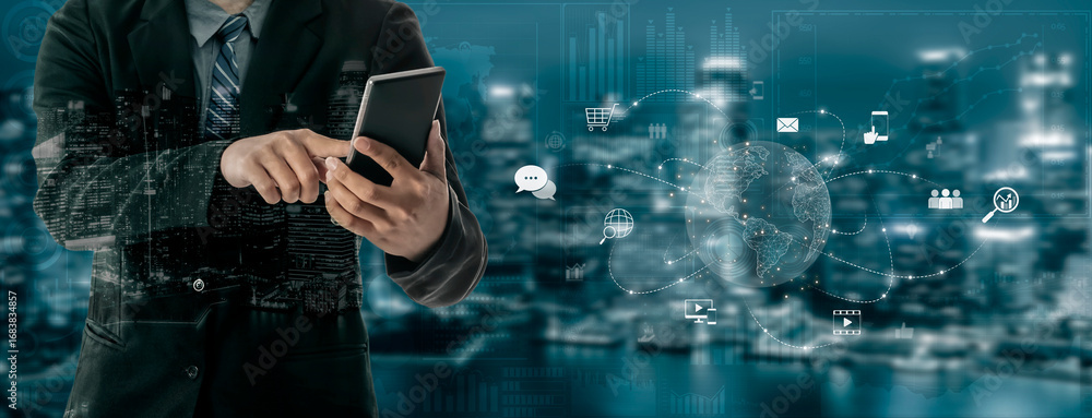 Aufkleber visualization of global digital communication and online across multiple platforms, including global