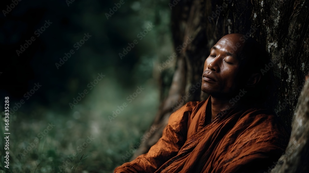 Poster a peaceful monk in orange robes meditates against an ancient tree trunk in a tranquil forest setting