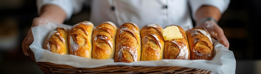 A baker's hands hold a basket filled with artisanal loaves of freshly baked bread, showcasing golden-brown crusts and a delicate texture.