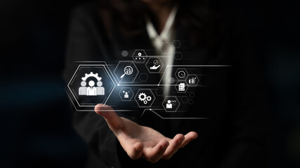 Naklejka premium Business management system showing teamwork, productivity, and planning. Management supports goal, management tracks progress, management improves teamwork, and enhances productivity. Latch