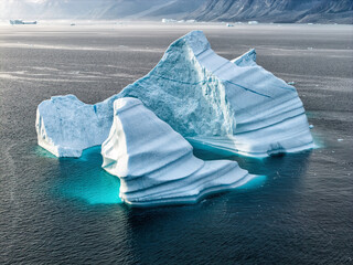 Bird's-eye view. Greenland, Uummannaq, beautiful ice floes in fjord in sunny day