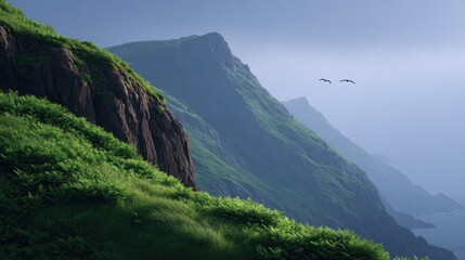 Naklejka premium Majestic cliffs rise above serene waters, enveloped in soft mist