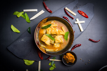 thailand  Yellow curry tasty and spicy soup with sea bass fillet