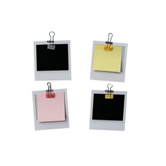 photograph of four polaroid photo frames with paper clips and post-it notes on a white background. 