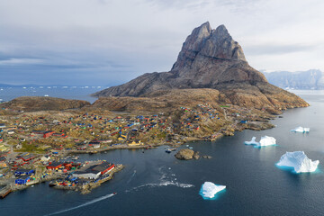 Bird's-eye view. Greenland, Uummannaq town on Uummannaq island, in sunny day © Ji