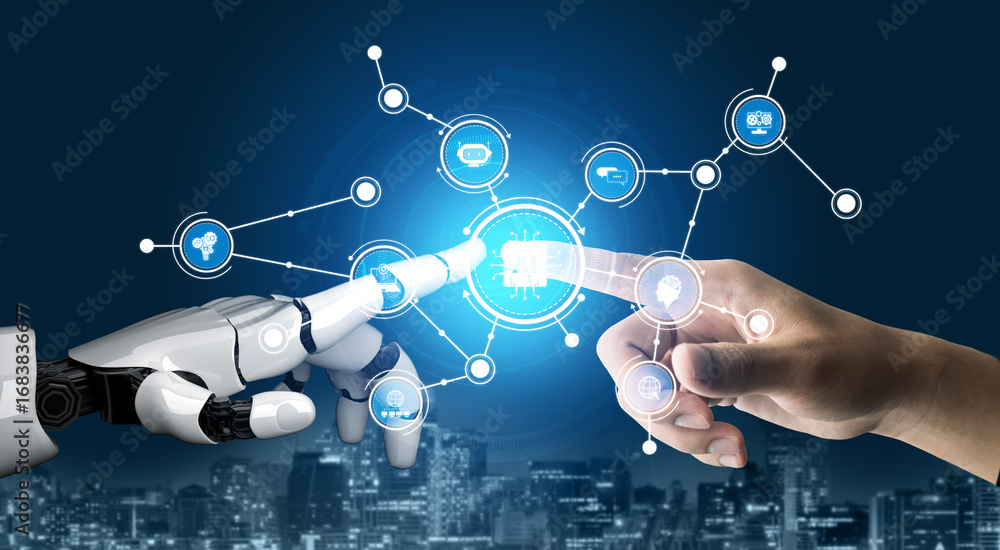 Poster a visually striking representation of the collaboration between human and robotic hands, showcasing 