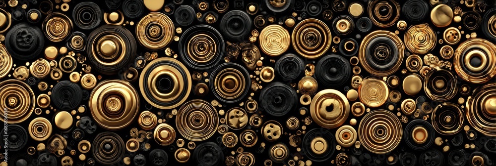 Poster intricate circular patterns in shades of gold and black form a visually striking composition that hi