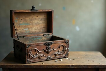 An antique wooden chest, ornately carved and slightly weathered, rests open on a rustic wooden surface, revealing a few small metallic objects inside.