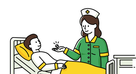 Caring nurse gives patient medication in hospital bed with yellow blanket