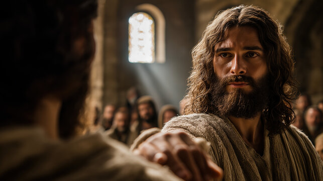 Jesus restores a man&rsquo;s withered hand in the synagogue, awe-struck onlookers watching silently as faith and divine power bring healing..