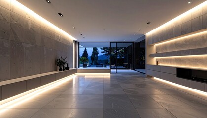 A minimalist lounge with recessed lighting, textured walls, and glass doors opening to mountain views—blending architectural elegance with natural tranquility.