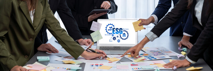 Analyst team use sticky note for creative and analytic brainstorm for business idea with BI data...