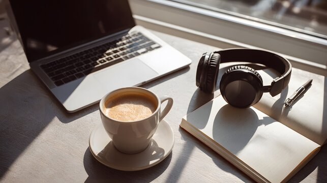 Morning workspace concept laptop coffee headphones notebook pen bright sunlight working from home relaxation
