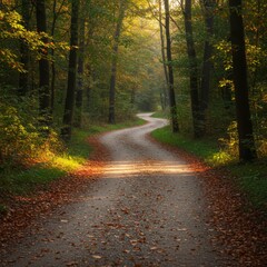 Obraz premium Winding Path Through Autumn Forest in Sunlight