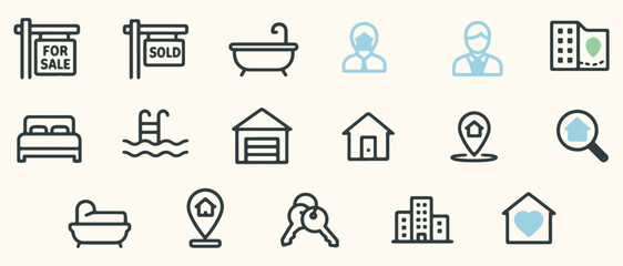 Minimalist Real Estate Icons – Property, Home, Agent, Location, Amenities, Sale, Sold, Keys, Map, Search, Bathtub, Bed, Pool, Garage, Heart Home, Black Line Style for UI & Marketing