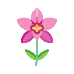 Flat design pink flower with stem and green leaves