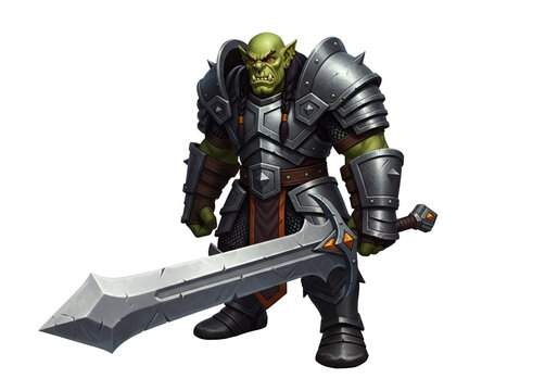 A formidable orc warrior, clad in dark grey and steel armor, wields a large, ornate sword against a stark black backdrop.