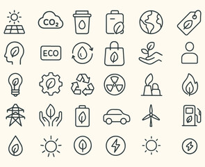Fototapeta premium Minimalist Sustainability & Eco Energy Line Icons – 30 Black & White Symbols for Renewable Resources, Green Technology, Environmental Conservation, Clean Power, Climate Action, and Eco-Friendly Living