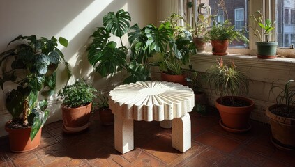 Fototapeta premium A sun-drenched room with a sculptural white coffee table surrounded by potted plants