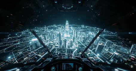 Thrusters engaging inside spacecraft cockpit showing wireframe grid approaching central tower - Powered by Adobe