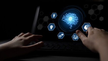 Naklejka premium AI integration into systems including speech, chatbot, analytics, automation, and digital intelligence for innovation and smart technology deployment Latch