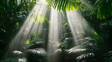 Obraz premium Sunbeams pierce through lush palm fronds in a tropical rainfores