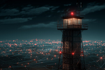 A watchtower made of server racks, overlooking a digital landscape, monitoring and vigilance, futuristic, low-poly style