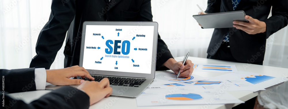 Poster seo search engine optimization for brisk e-commerce and online retail business showing on computer s