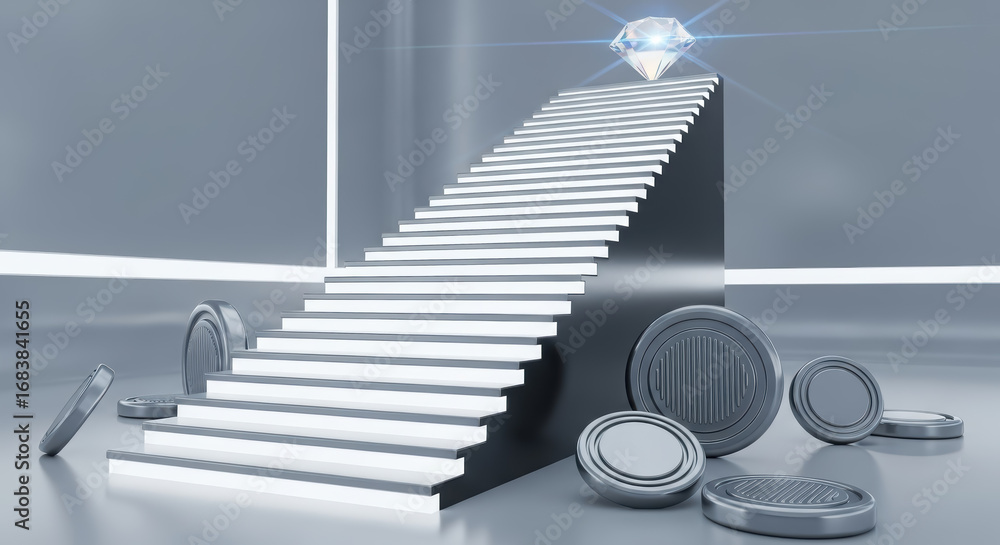 Poster modern staircase leading to a sparkling diamond, surrounded by circular metallic objects, creating a