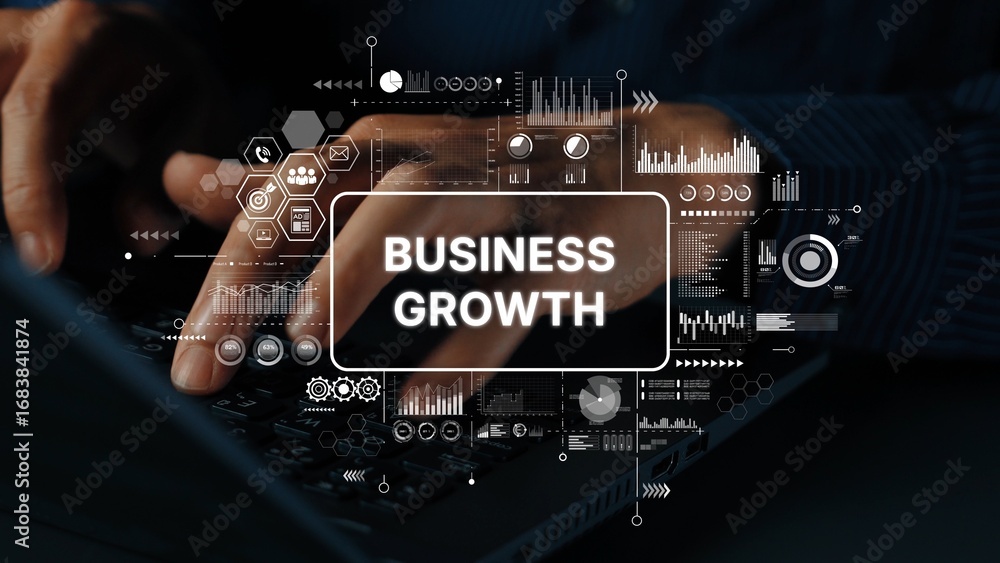Poster hands typing on laptop keyboard with business growth graphics and data visualization elements for an
