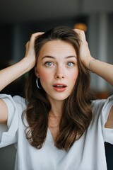 Fototapeta premium Surprised young caucasian female with long brown hair