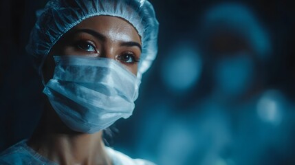 Focused medical professional likely a nurse or doctor in a surgical mask and cap looking intently in a sterile dimly lit operating room environment