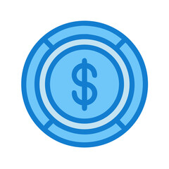 Blue Dollar Coin Icon on Black Background, Flat Design