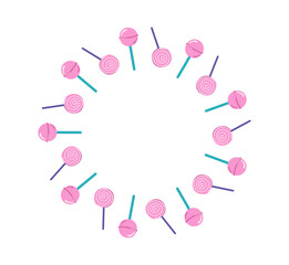 Candies, round frame, banner with space for text. Lollipops, caramel, dessert. The sweetest day. Sweets Day. Food, confectionery. Holiday decor, background.