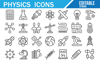 Editable Physics Icons Set for Science, Technology, and Education